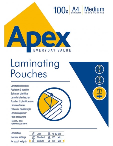 Pouches lucide 125 micron formato 216X303 A4mm Fellowes 53074 100pz